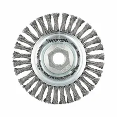 Twisted steel wire wheel brush for heavy cleaning on contoured carbon steel surfaces. Measures 4" diameter by 1/4" width with a 5/8"-11 arbor and 0.02" fill. Suitable for removing rust, scale, and weld splatter in fabrication and metalworking applications.