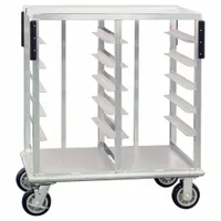 Aluminum room service cart for transporting meals in hospitality and healthcare settings. Overall height 42 3/4 inches, overall width 36 3/4 inches. Lightweight construction facilitates maneuverability in corridors and dining areas