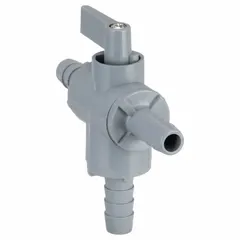 This three-way ball valve features a PVC body with L flow pattern and barb x barb x barb connections. The one-piece design includes a lever handle. NSF 51 compliant, it is suitable for diverting or mixing flow in low-pressure water or food-grade fluid handling systems.