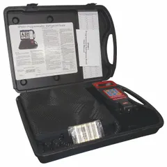 Electronic refrigerant scale with 220 lb maximum capacity and ± 2 g accuracy. Features a built-in display and programmable operation. Includes carrying case. Used by HVAC and refrigeration technicians for precise refrigerant charging into systems.