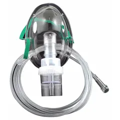 Mask-type nebulizer and steam inhaler for delivering aerosolized medication or steam in respiratory therapy. Includes mask. Overall dimensions: 18 in length, 14 in width. Suitable for clinical or home-care settings requiring fine-particle mist for inhalation treatments.