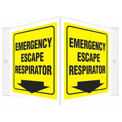 CONDOR Safety Sign: PETG, Mounting Holes Sign Mounting, 6 in x 8 1/2 in Nominal Sign Size - V-Shape Projection Emergency Escape Respirator Signs