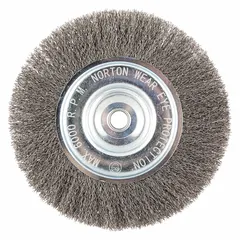 This wire wheel brush features a crimped steel fill of 0.014 in for light cleaning of carbon steel surfaces. It is 8 in diameter by 3/4 in width with a 5/8 in arbor. Suitable for removing rust, scale, and light burrs in metal fabrication and maintenance applications.