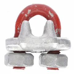 Forged steel U-bolt clip for wire rope termination. Used to form load-bearing eyes or loops in rigging, lifting, and construction. Compatible with 5/16 in rope diameter; requires 5 1/4 in rope turnback length. Red finish.
