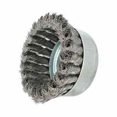 Heavy-cleaning brush for contoured stainless steel surfaces. Features standard twist knot wire bristles for aggressive cleaning. Arbor hole size is 5/8"-11. Suitable for removing rust, scale, and weld splatter.