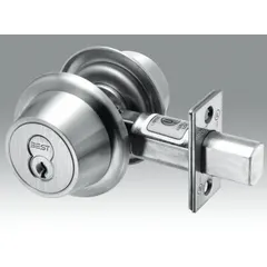 This standard cylindrical deadbolt features an interchangeable core cylinder for easy rekeying. It is designed for doors up to 3 inches thick and has a satin chromium-plated finish. ADA compliant. Suitable for commercial applications requiring core flexibility.
