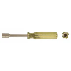 Non-sparking nut driver with a solid round shank and straight design. Features a 6 mm metric tip size, non-magnetized, standard type. Suitable for fastening nuts and bolts in environments with flammable gases, vapors, or dust.