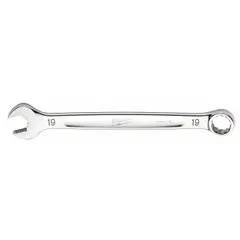 This MILWAUKEE combination wrench features a 19 mm 12-point box end and an open end, with a chrome finish. It is constructed from chrome vanadium steel and has an overall length of 9 3/4 inches. Suitable for tightening and loosening metric fasteners in maintenance and repair tasks.