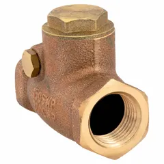 This bronze inline swing check valve features a swing disc design for low-pressure drop and reliable sealing. With 1/2 in FNPT x FNPT connections, it is used to prevent backflow in water, oil, and gas piping systems, protecting pumps and equipment from reverse flow damage. The bronze body provides corrosion resistance in plumbing and HVAC applications.