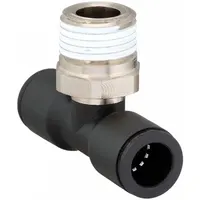 Nylon tee fitting with nickel-plated brass components, featuring a 1/2 in pipe thread and two 12 mm OD push-fit ports. Overall length 2 7/16 in. Used to branch or join tubing in pneumatic and low-pressure fluid systems