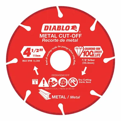 DIABLO Diamond Saw Blade: Metal, 4 1/2 in Blade Dia., 7/8 in Arbor Size, Wet/Dry - Metal-Cutting Blades