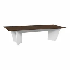 Rectangular conference table with laminate/melamine Neo Walnut finish and PVC edge banding. Seats 10 people. Overall length 120 in. Traditional leg design. Suitable for meeting rooms and boardrooms.