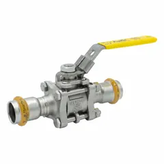 Stainless steel ball valve with straight valve body and full port ball port for minimal pressure drop. Features press x press connections and a lever handle. Used for on/off flow control in piping systems handling water, oil, or gas where corrosion resistance is required.
