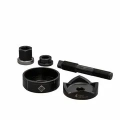Round knockout punch set for creating holes in 10 ga steel sheet metal. Includes a 2 in fiberglass wrench. Nominal size 4 35/64 in. Used for electrical enclosures, panel boxes, and industrial equipment.