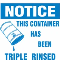 Regulated label with message 'This Container Has Been Triple Rinsed.' White background, 6 in x 6 in. Pack of 100. Used for compliance labeling on containers in industrial settings to indicate triple rinsing status
