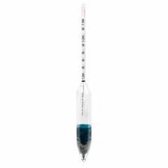 Glass plain-form hydrometer for measuring specific gravity of liquids. Range 1.180/1.250, scale divisions 0.001, accuracy ±0.001. Used in industrial applications such as chemical mixing, battery electrolyte testing, and quality control.