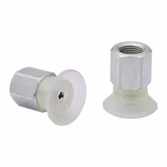 This vacuum pad assembly features a flat, clear design for food-safe fast-handling applications. It has a 28.2 mm pad diameter, 25.2 mm pad height, and a 1/8 in NPT vacuum port. Suitable for automated lifting of smooth surfaces in packaging and processing lines.