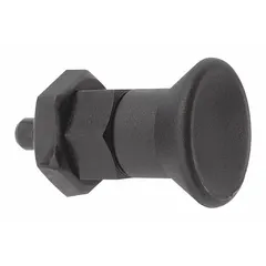 Steel indexing plunger with a short-pin pull-knob design and jam nut for secure mounting. Thread size 5/8"-11, nose force range 14 N to 28 N. Nonlocking type allows manual retraction for positioning and automatically re-engages. Used in jigs, fixtures, and workholding systems for precise locking and indexing of moving parts.