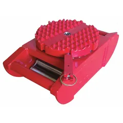 Machine roller with a textured top plate and red finish. Deck height is 4 3/4 in. Includes 14 rollers for load distribution. Used for moving heavy machinery and equipment across shop floors or warehouses.