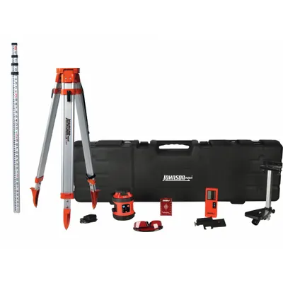 JOHNSON LEVEL Rotary Laser: 800 ft Range w/Receiver, Red Beam, Horizontal, ±1/8 in @ 50 ft - Horizontal-Beam Rotary Laser Levels