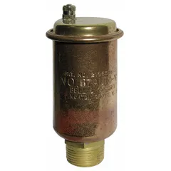 This vertical-discharge air vent automatically releases trapped air from water systems to prevent air locks. It features a 1/8 in MNPT top port, brass body, and bottom connection. Rated for water service up to 35 psi maximum pressure and 240°F maximum temperature.