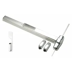 Surface vertical rod exit device with touchbar and night latch. Chrome finish. Designed for maximum door width of 3 ft. Suitable for commercial egress applications where push-pad actuation releases the latch.