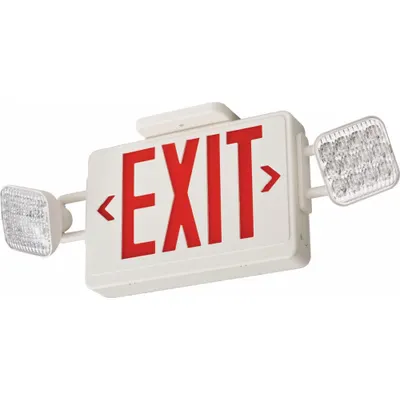 LITHONIA LIGHTING Emergency Light/Exit Combo: White, 1 or 2 Faces, Green/Red, LED, Ceiling/Wall - Plastic Exit Signs with Square Side-Mount Light Heads