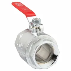 This two-piece ball valve features a chrome-plated brass body with female iron pipe (FIP) connections on both ends. The straight pattern and lever handle provide manual on/off flow control. Suitable for use in plumbing, HVAC, and process piping systems handling water, oil, or non-corrosive fluids.