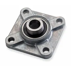 Flange-mount radial ball bearing with a 1/2 in cylindrical bore, zinc finish, and set screws. Length 3 in, width 1 1/64 in, uses NLGI #2 equivalent lubricant, and requires 3/8 in mounting bolts. Inch-system design for four-bolt flange mounting in industrial equipment such as conveyors, fans, and material handling systems.