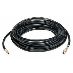 This 25 ft low pressure airline hose is constructed from black polyester with a 3/8 in inside diameter. It features 1/4 in OBAC fittings and is rated for a maximum pressure of 185 psi. Typically used to supply breathable air to supplied-air respirators in industrial environments such as painting, chemical handling, and confined-space work.