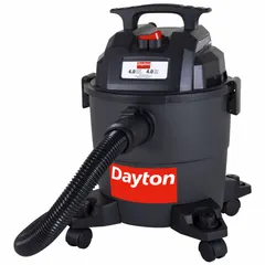 This DAYTON mini vacuum features a 4-gallon plastic tank for wet/dry pickup. It includes an 8-foot hose with a 1-1/4-inch diameter. Suitable for light-duty cleaning tasks in workshops, garages, and maintenance areas where a compact, portable unit is needed.