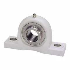 Polymer pillow block ball bearing with set screws, 3/4 in bore, 1 5/16 in shaft height, 6,500 RPM max speed, 3/8 in mounting bolt size. Meets AFBMA standards. Suitable for washdown environments in food processing and packaging applications.