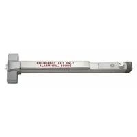This rim-type exit device features a touchbar style for push-pad operation. It is ADA compliant and finished in chrome. Suitable for doors up to 48 inches wide, it does not include outside trim and is not ligature-resistant. Typical applications include commercial buildings requiring code-compliant egress