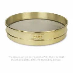 This test sieve features a stainless steel cloth screen with US Standard #25 mesh size, mounted in a brass frame. It has a 12-inch outside diameter and 2 5/8-inch height, conforming to ASTM E11 standards. Used for particle size analysis and material classification in laboratory and industrial settings.