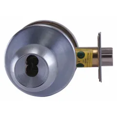 This standard cylindrical deadbolt is designed for commercial or institutional doors up to 3 inches thick. It features a satin chromium-plated finish and is ADA compliant. The lock does not include a core or keyway, making it suitable for use with interchangeable core systems. No visual indicator message is provided.