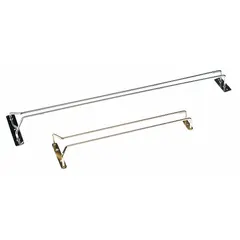 Chrome hanging glass rack with a 24-inch overall length in silver finish. Designed for storing and organizing stemware and glassware in commercial kitchens, bars, and restaurants, allowing glasses to hang upside down for draining and drying.