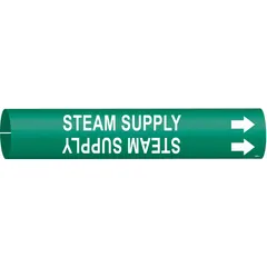 Snap-on pipe marker for identifying steam supply lines. Green background with white legend and directional arrows. Fits pipe outer diameters of 4 to 6 inches. Single marker included.