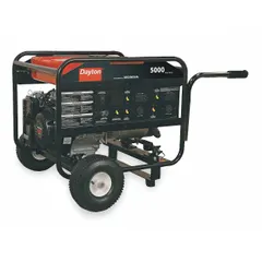 This gasoline-powered conventional generator provides 5000 W running power and 9630 W starting power at 120/240V AC. It includes GFCI outlets for electrical safety. Suitable for providing temporary AC power at construction sites, workshops, or outdoor events where grid power is unavailable.