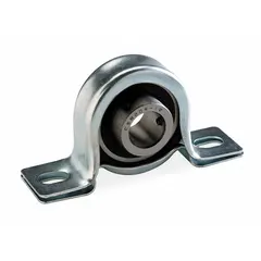 This pillow block ball bearing features a stamped steel housing with set screw locking for shaft mounting. It has a 1 3/16 in shaft height, 4.437 in overall length, and accepts a 7/16 in mounting bolt. Suitable for supporting rotating shafts in moderate-speed applications up to 3,500 RPM.
