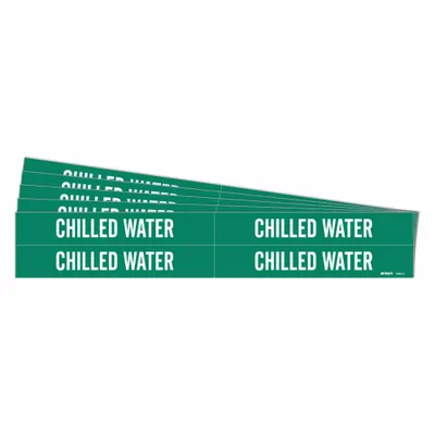 BRADY Pipe Marker: Chilled Water, Green, White, Fits 3/4 to 2 3/8 in Pipe O.D. - Chilled Water Adhesive Pipe Markers