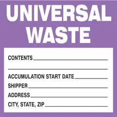 Paper label measuring 6 inches by 6 inches with a white background and 'Universal Waste' message. Used for identifying containers holding universal waste such as batteries or pesticides. Supplied in packs of 100.