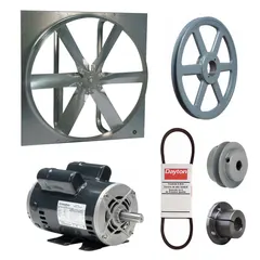 Unassembled belt-drive panel exhaust fan with 48-inch blade, 2 hp motor, and 27,474 cfm airflow. Zinc-plated steel frame, open dripproof motor with Class B insulation. Operates on 115/208-230V AC single-phase power. Suitable for high-volume ventilation in industrial and commercial spaces.