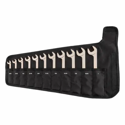 TEKTON Open End Wrench Set: Chromium Molybdenum Steel, Satin, 11 Tools - SAE, Double End, Open End Wrench Sets