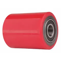 Red replacement load wheel for pallet jacks. Compatible with models 2ZE58, 490Z06, 490Z07, and 493X17. Supports load and enables smooth movement across warehouse floors.