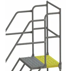 Steel platform for rolling ladders, finished in gray. Includes handrails for user support. Used in industrial maintenance, warehousing, and order-picking applications requiring safe elevated access.