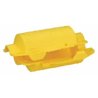 This yellow polypropylene encasing lockout is designed for 3-prong plugs with a maximum plug diameter of 2 3/4 in and a maximum cord diameter of 1 3/16 in. It is used to secure electrical plugs during lockout/tagout procedures, preventing accidental re-energization in industrial maintenance applications