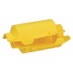 This yellow polypropylene encasing lockout is designed for 3-prong plugs with a maximum plug diameter of 2 3/4 in and a maximum cord diameter of 1 3/16 in. It is used to secure electrical plugs during lockout/tagout procedures, preventing accidental re-energization in industrial maintenance applications.