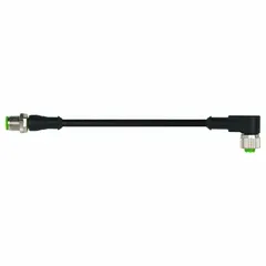 Double-ended cordset with M12 male straight and M12 female right-angle connectors. 4-pin, 22 AWG, 0.3 m cable length. Black PVC jacket. IP67 rated. Used for connecting sensors, actuators, and industrial devices in flexing applications on factory floors.