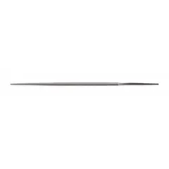 This double-cut round file features a safe edge cut and smooth cut for precision filing. With a length without tang of 8 in and a thickness of 5/16 in, it is tapered slightly towards the point. Suitable for shaping internal radii, grooves, and small holes in metalworking and toolmaking applications.