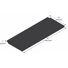 Phenolic notched shelf with black finish and 11 gauge construction. Overall width 12 in, height 1 in. Used in laboratory and industrial workstations for organizing equipment, glassware, or samples.